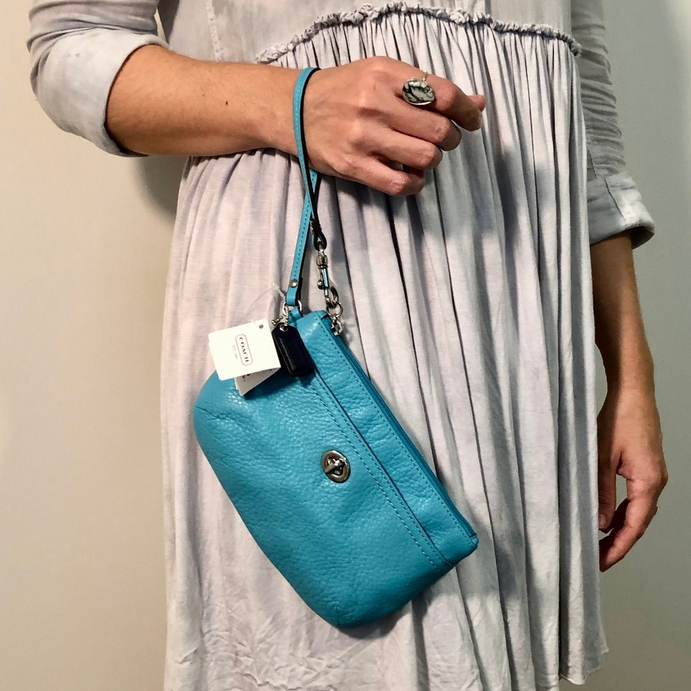 NWT Coach Light Blue Leather Wristlet